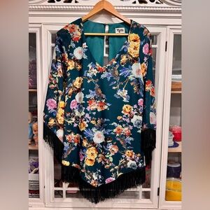 Show Me Your Mumu Floral Fringe Western Poncho Top (XS)